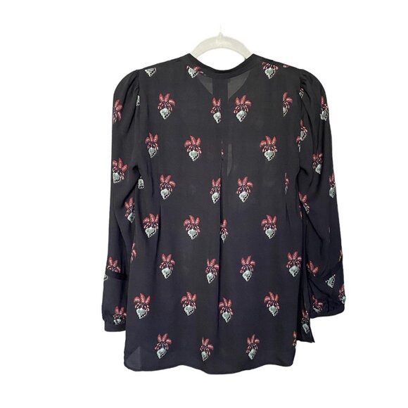 A.L.C 100% Silk Dark Floral Long Sleeves Blouse with Tassels in Black Size 0 - Picture 3 of 8